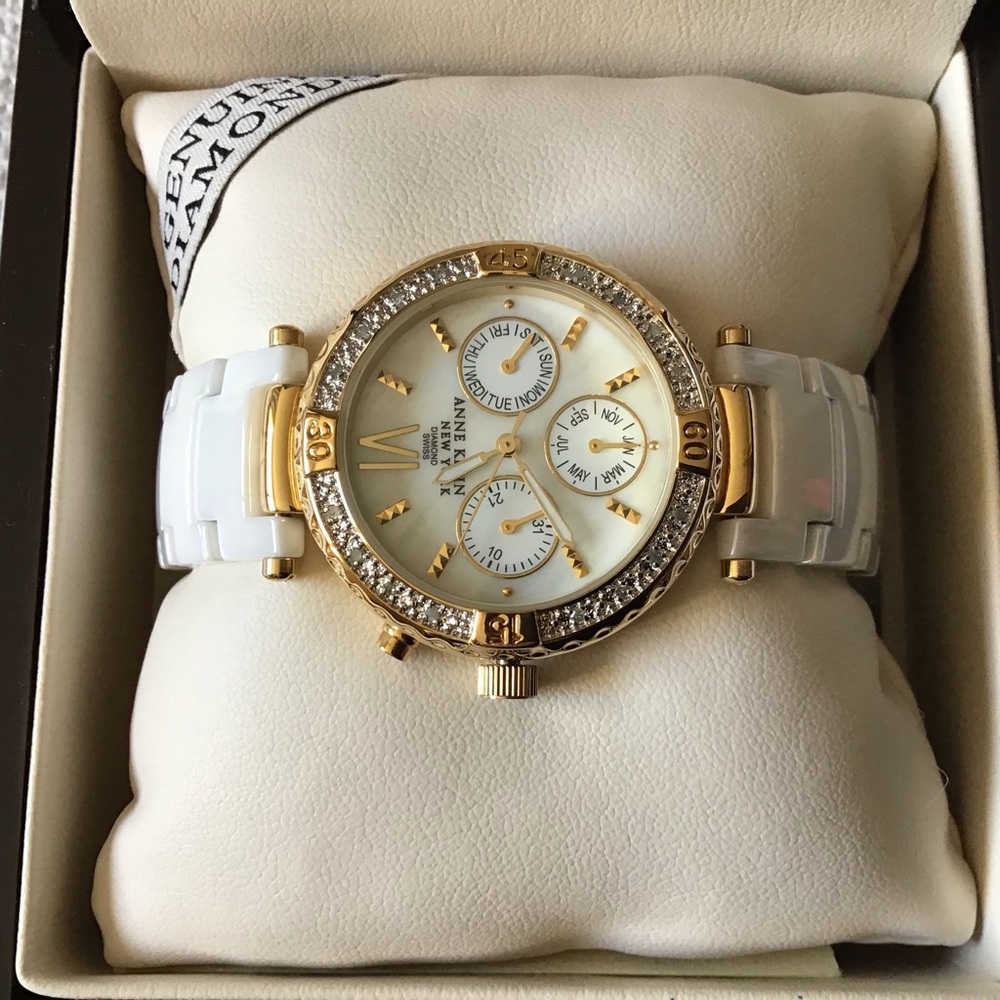 Anne Klein Swiss genuine diamond gold tone white ceramic mother of pearl watch - Picture 6 of 12